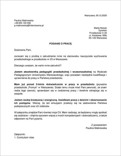 Elementy podania o pracę