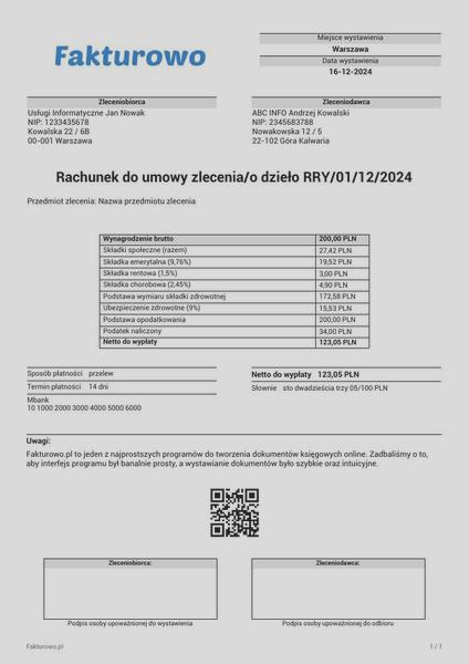 Rachunek do umowy zlecenia