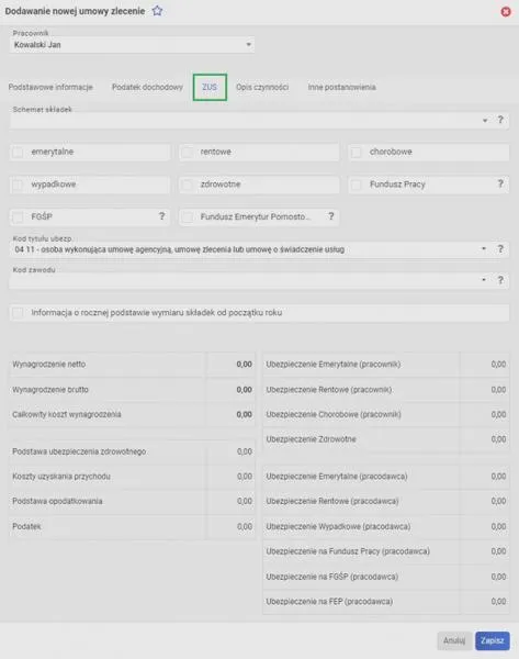 Składki ZUS umowa zlecenie