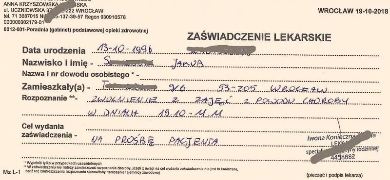 Zaświadczenie o zwolnieniu z maseczki